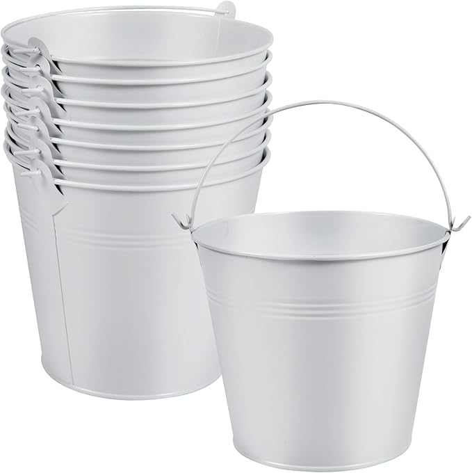 OBTANIM 7 Pack White Metal Buckets with Handle Galvanized Ice Pails for Plants, Succulents, Party Favors Organizing, Rustic Home Decor or Classrooms Pencil Storage (6 x 4.4 inch)