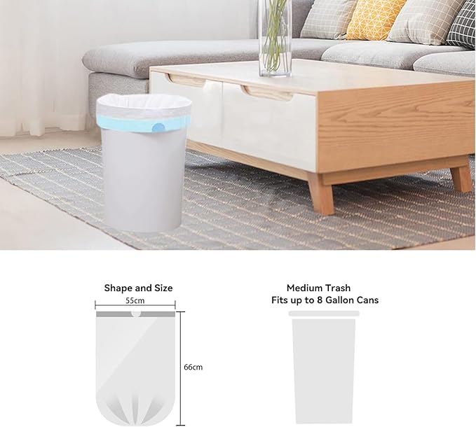 6 Gallon Trash Bags Drawstring, Pack of 35, Garbage Bags, 55x66cm, 9.5g/pcs, Unscented, White