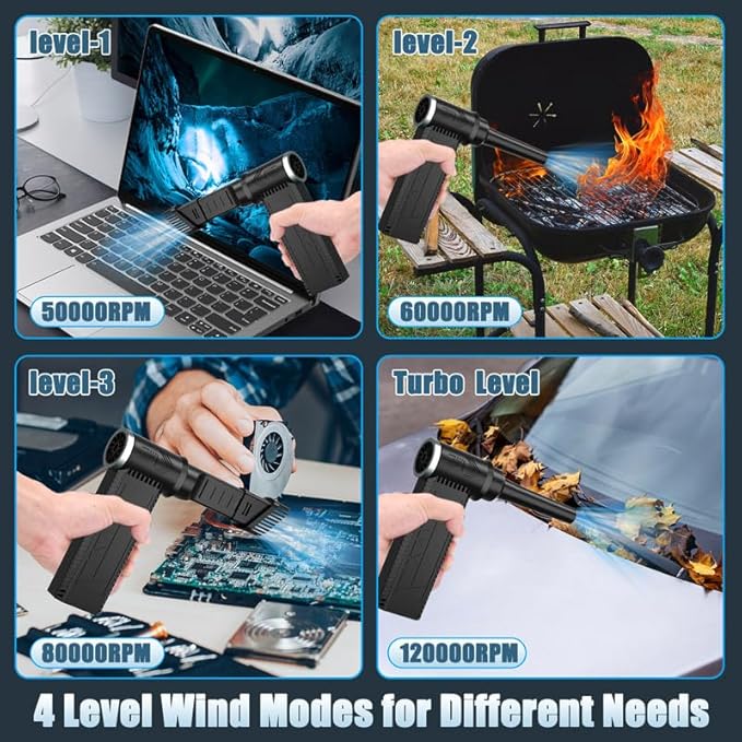 Cordless Electric Air Duster: 120,000 RPM High-Speed 4-Speed Adjustable Blower, Rechargeable Battery-Powered Dust Cleaner for PC Keyboards, Electronics, Cars & Outdoor Use (Black)