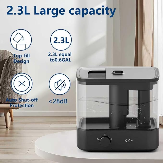 KZF 2.3L Top-Fill Cool Mist Humidifier – Whisper-Quiet, Up to 30 Hrs Runtime, Auto Shut-Off, Ideal for Bedroom, Baby Nursery & Plants