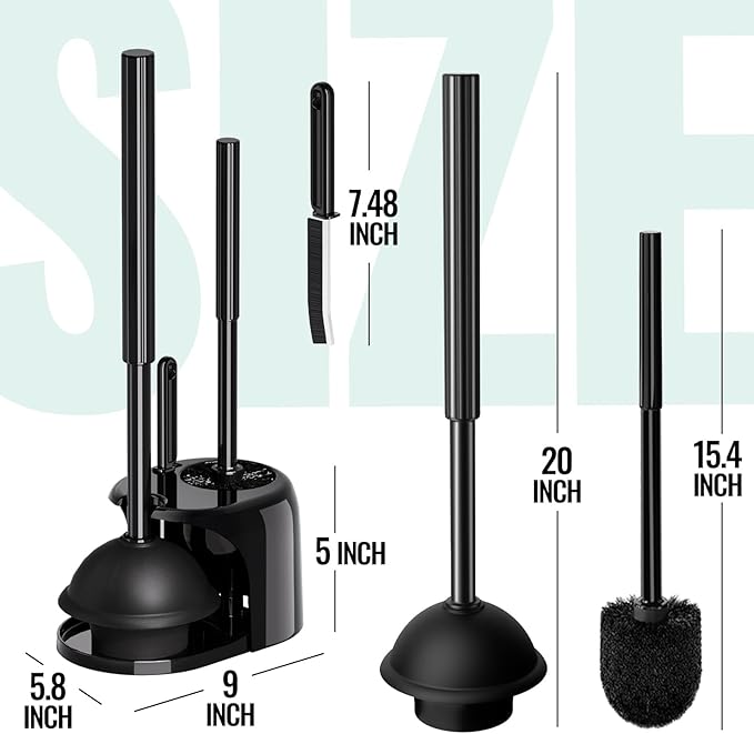 3PACK 3 in 1 Toilet Brush and Plunger Set with Crevice Cleaning Brush, Toilet Plunger and Brush Set with Extra Long Handle, Plungers for Bathroom Accessories, Abrasive Spiral Brushes Black