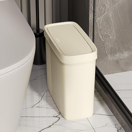 UUJOLY Small Bathroom Trash Can with Lid Slim Wastebasket Garbage Can Plastic Container Basket Trash Bin for Kitchen, Laundry Room, Office, Kids Room, Dorm, Beige, 3.2 Gallon