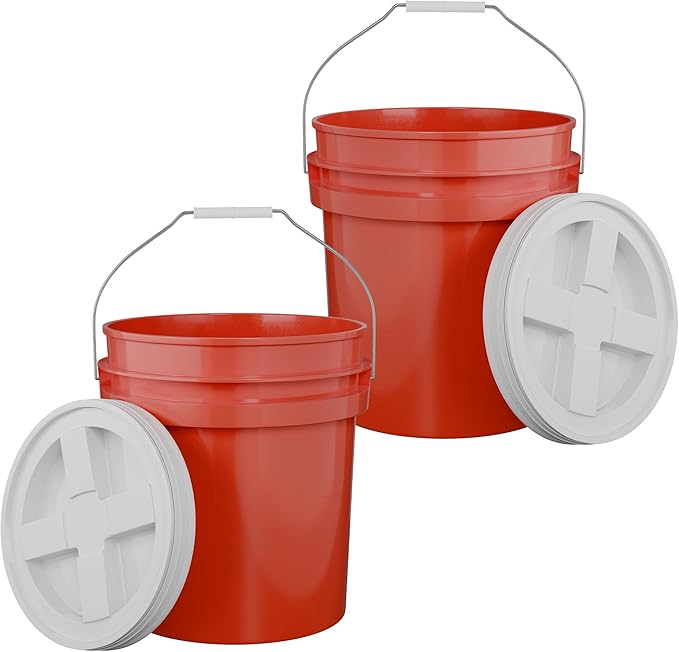 5-Gallon Red Bucket Pail with Gamma Seal Screw on Airtight Lid, Metal Handles with Plastic Grip for Easy Carrying, Easy Stack and Store, Heavy-Duty 90MIL Extra Durable, Food Grade, BPA Free - 2 Pack