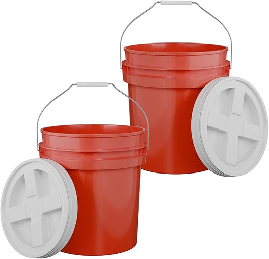 5-Gallon Red Bucket Pail with Gamma Seal Screw on Airtight Lid, Metal Handles with Plastic Grip for Easy Carrying, Easy Stack and Store, Heavy-Duty 90MIL Extra Durable, Food Grade, BPA Free - 2 Pack