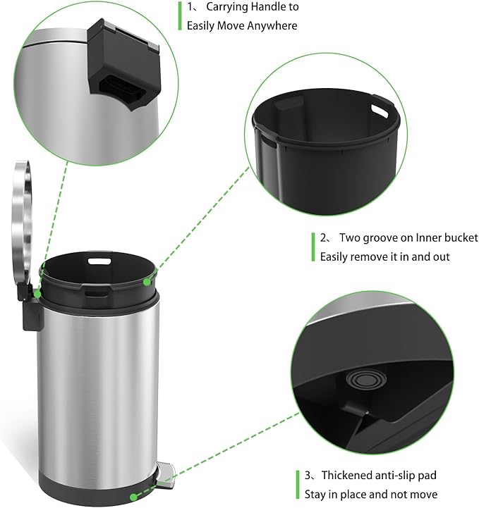 Trash Can with Lid - 30 Liter/8 Gallon Round Stainless Steel Trash Can with Odor Protection Kitchen Garbage Cans with Soft-Close Foot Pedal Step Bin for Bathroom Home Kitchen Office