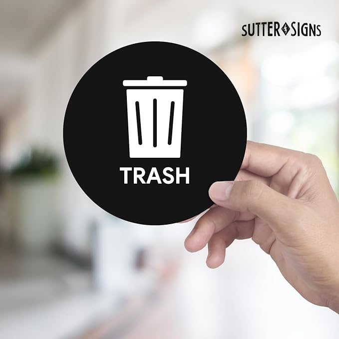Sutter Signs 3pk Trash Stickers | 4" Weatherproof Waste Management Label Sign Decals for Outside Waste, Garbage Cans, and Trash Bins