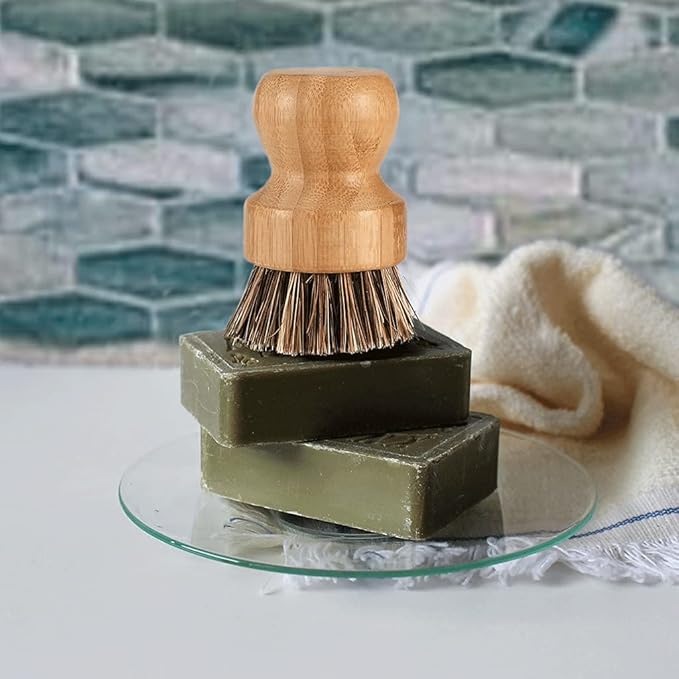 Bamboo Scrub Brush Clean Pan, Dish and Vegetable, Natural Bristles Palm Pot Brush 4 Pack Round Mini Dish Brush with Ceramic Holder for Kitchen Sink Cleaning