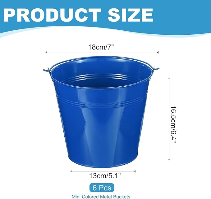 PATIKIL 7"x6.2" Small Metal Buckets with Handle, 6 Pcs Mini Galvanized Bucket Colorful Easter Buckets for Crafts Party Favors Decoration, Dark Blue