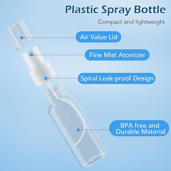 Spray Bottles, 1oz/30ml Clear Empty Fine Mist Plastic Mini Travel Bottle Set, Small Refillable Liquid Containers with 2pcs Funnels and 24pcs Labels (6 Pack)