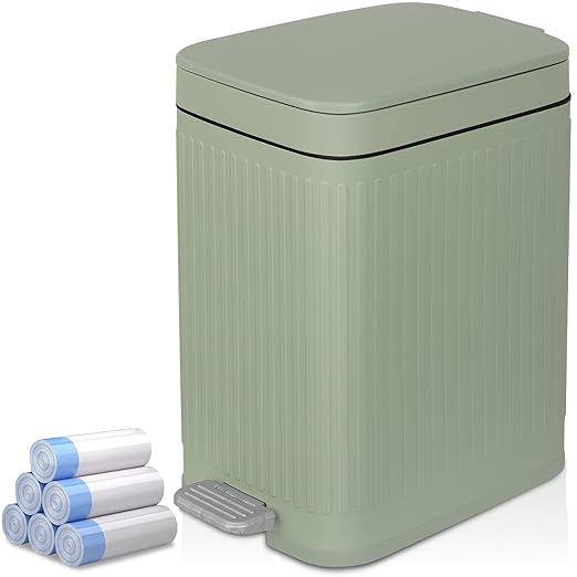 rejomiik Small Bathroom Trash Can with Lid 1.9 Gallon Step Trash Can Slim Garbage Can with Soft-Close Waste Bin for Bathroom, Bedroom, Office, Dorm, RV, Sage Green