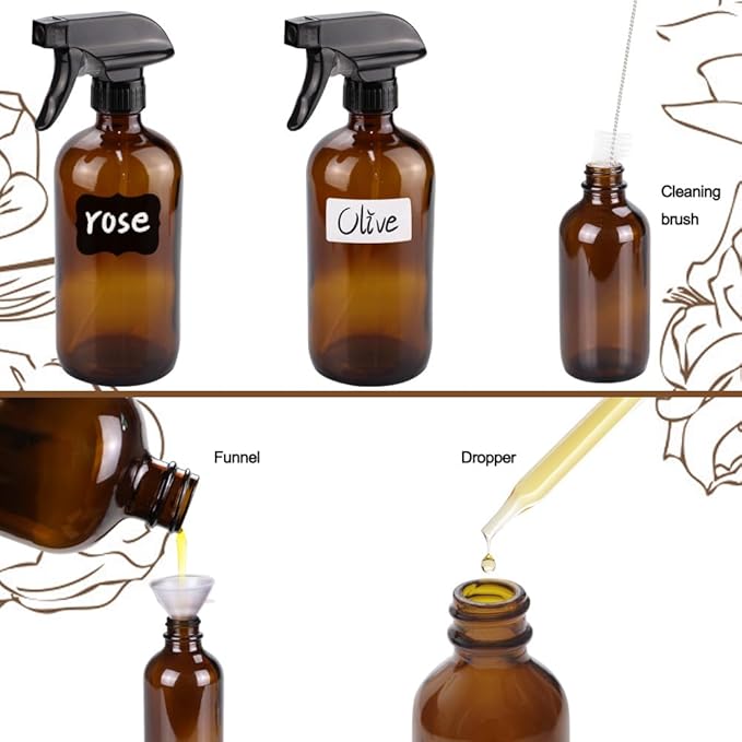 Glass Spray Bottle Kit×10 (2×16oz, 2×4oz, 6×2oz), 9×10ml Roller Bottles, Anti UV, Multi Size and Versatile, Suitable for Aromatherapy, Facial Moisturizing, Watering, etc.(Amber)