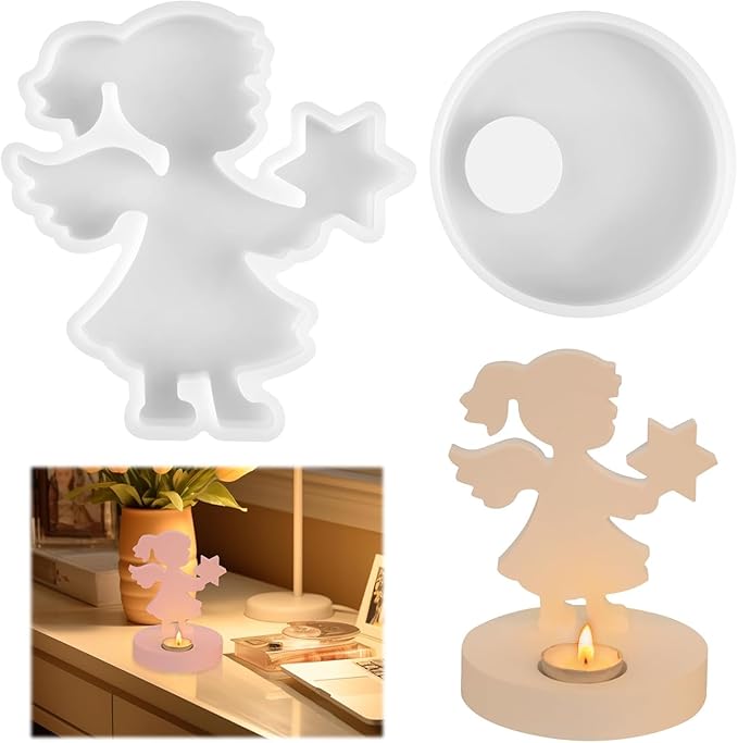 Silicone Mold, Girls Angels Holding Stars in Their Hands, Silicone Casting Molds with Base, Silicone Casting Mold Candle Holder for Soy Wax, Cement Gypsum Decorative Ornaments