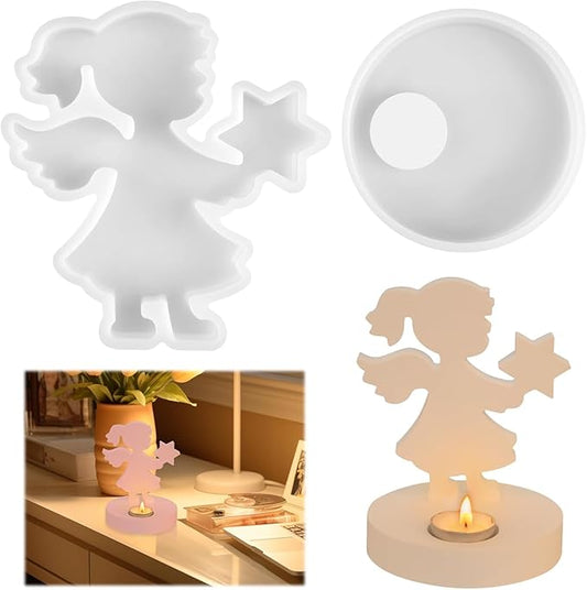 Silicone Mold, Girls Angels Holding Stars in Their Hands, Silicone Casting Molds with Base, Silicone Casting Mold Candle Holder for Soy Wax, Cement Gypsum Decorative Ornaments