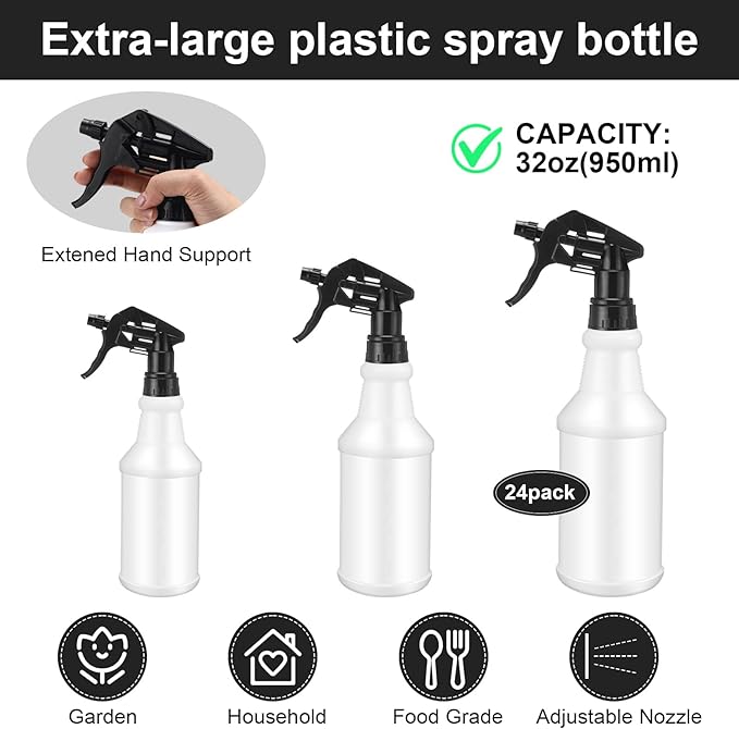 Zubebe 24 Pack 32 oz Plastic Spray Bottle Bulk Empty Leakproof Heavy Duty Spray Bottles for Cleaning Supplies Mist Bottles with Label and Adjustable Nozzle for Plant(Black,No Scale)