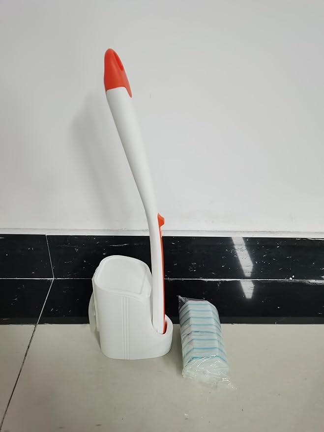 JEHONN Disposable Toilet Bowl Cleaner Wand with 40 Cleaner Refills, Wall Mounted Long Handle Compact Bathroom Scrub Brush Holder Set for Sink Bathtub Wash Basin Mop Pool (Orange)