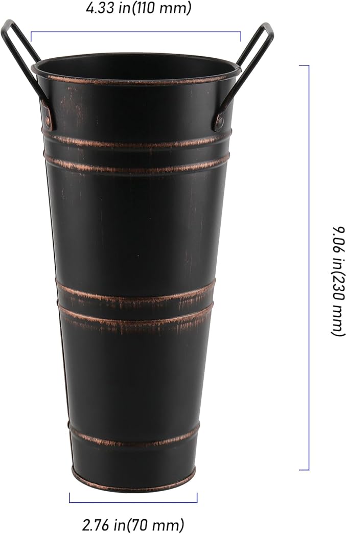 4 Pack 9 Inch Tall Galvanized Flower Bucket, Black Farmhouse French Flower Bucket with Handle, Small Rustic Vintage Metal Vases for Flower, Centerpieces, Floral Arrangements