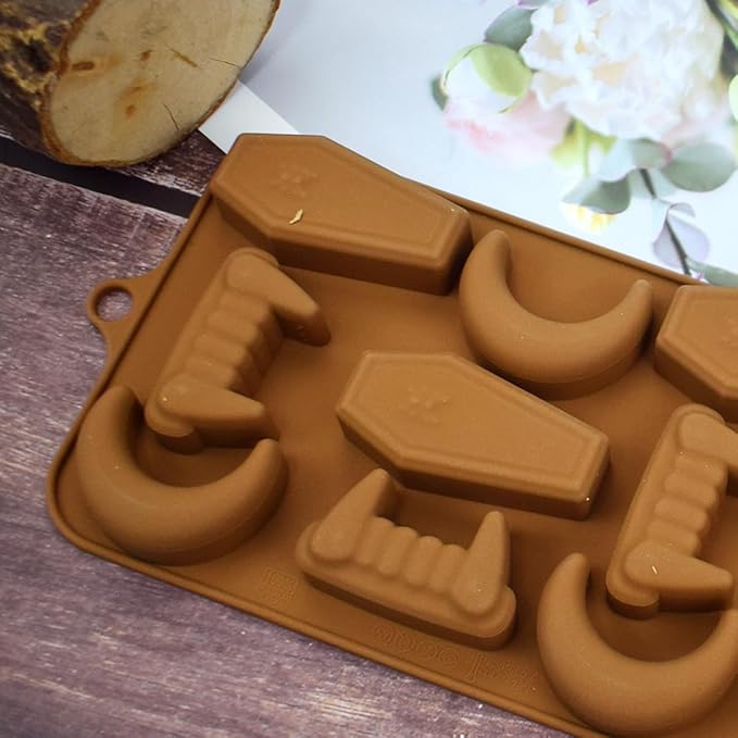mostsom Halloween Chocolate Candy Silicone Mold Vampire Teeth RIP Gravestone Moon Shape Gummy Fondant Baking Mold for DIY Cupcake Topper Decorating (D_ 8.92x4.04x0.56 inch)