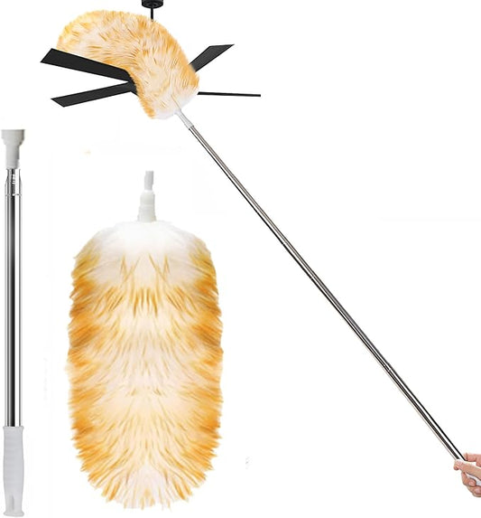 Lambswool Feather Duster with Extension Pole up to 85inch,Extendable Feather Duster Used for Cleaning High Ceiling Fan, High Ceilings,Furniture,Hard to Reach Areas