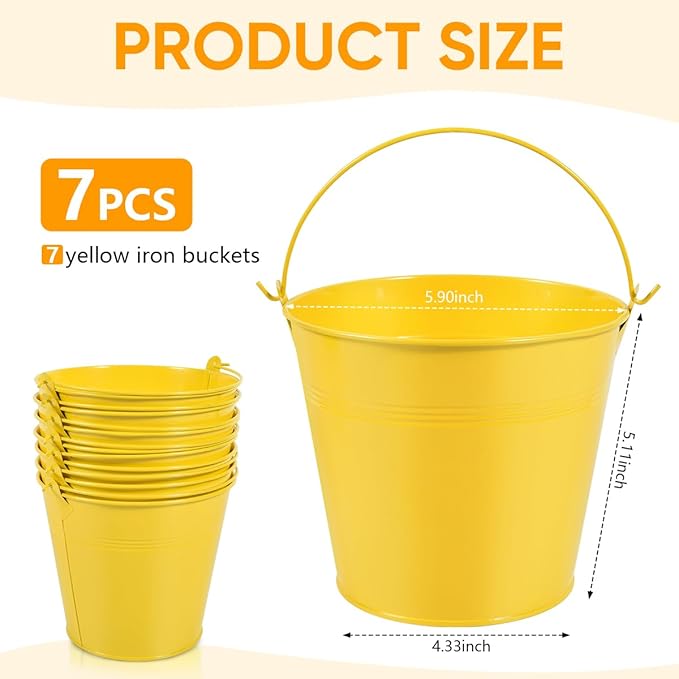 OBTANIM 7 Pack Yellow Metal Buckets with Handle Galvanized Ice Pails for Plants, Succulents, Party Favors Organizing, Rustic Home Decor or Classrooms Pencil Storage (6 x 4.4 inch)