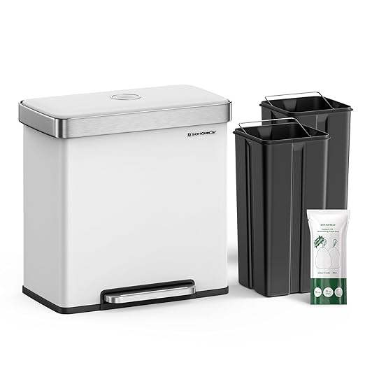 SONGMICS Kitchen Trash Can, 16 Gallon (2 x 8 Gallon) Dual Compartment Garbage Can, 60L Pedal Recycling Bin, Stays Open and Soft Close, Stainless Steel, 15 Bags Included, Cloud White ULTB202W01