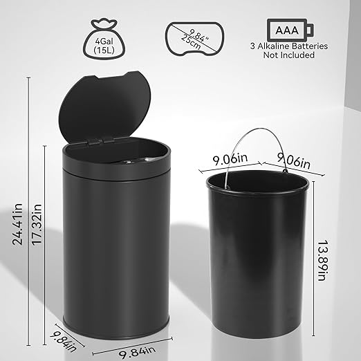 kaylowe Motion Sensor Bathroom Trash Can with Lid 4 Gallon Stainless Steel Garbage Cans Automatic Touchless Garbage Bin for Kitchen, Bedroom, Office, Living Room, Black