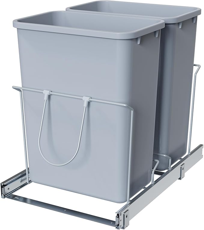Double Pull-Out Trash Can, 35QT Under-Cabinet Kitchen Bin, Metal Frame, Grey, Fits Above 18” Opening Cabinets