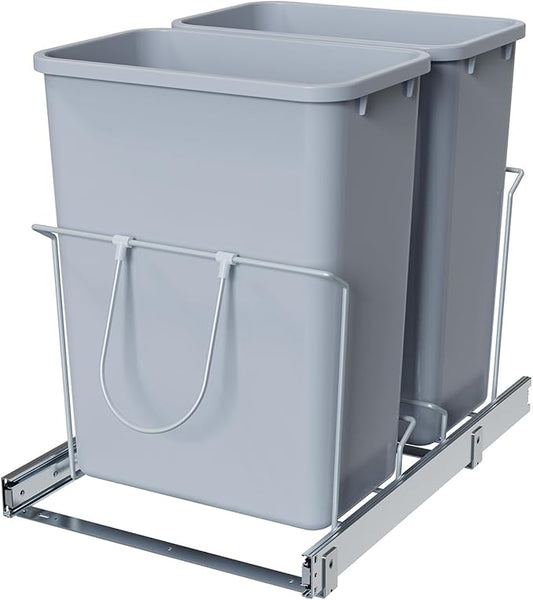Double Pull-Out Trash Can, 35QT Under-Cabinet Kitchen Bin, Metal Frame, Grey, Fits Above 18” Opening Cabinets