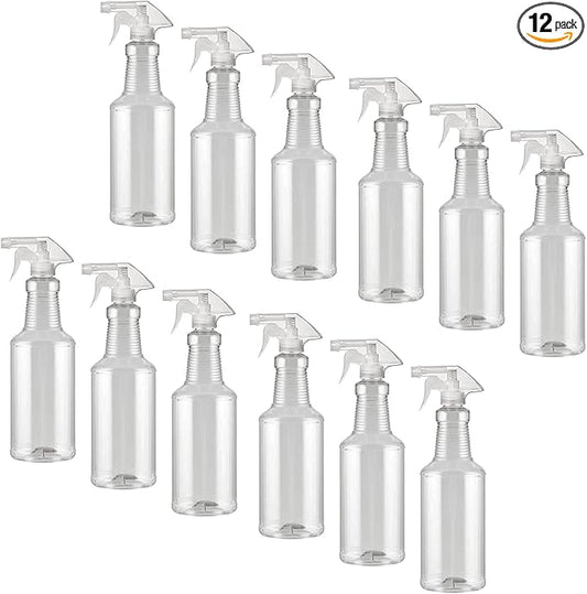 Spray Bottle - (Large - 32 Oz) - All-Purpose, Empty Reuseable, Heavy Duty, Clear PET Plastic, Trigger Sprayer, Industrial Size, Chemical Resistant, MADE IN USA (12-Pack, Clear) (32.2tn.P)