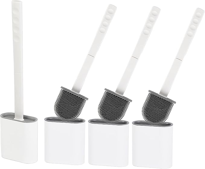 Silicone Toilet Brushes & Holders Set – Pack of 4 Wall Mounted Toilet Bowl Brushes White – Long Non-Slip Handle, Flexible Bristles for Easy Cleaning – Modern Toilet Scrubber Brush