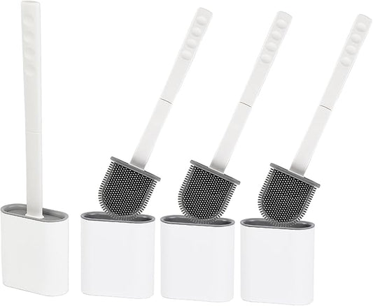 Silicone Toilet Brushes & Holders Set – Pack of 4 Wall Mounted Toilet Bowl Brushes White – Long Non-Slip Handle, Flexible Bristles for Easy Cleaning – Modern Toilet Scrubber Brush