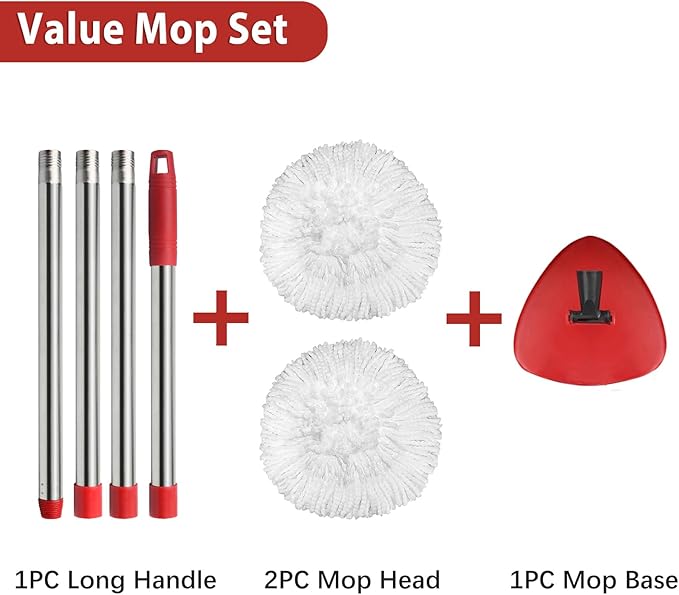 2 Spin Mop Head Replacement, 1 Base, 1 Mop Handle (30-58in) Combo Mops Set Compatible with OCedar EasyWring RinseClean Microfiber Mops (White (1-Tank System))