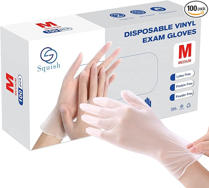 squish Disposable Gloves, 100 Count 4 mil Clear Vinyl Gloves Latex Free Powder-Free Health Glove Cleaning Rubber Glove for Kitchen Cooking Cleaning Food Handling, Medium