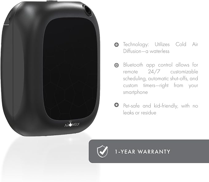Aromely Smart Bluetooth Nebulizing Aromatherapy Scent Diffuser, Essential Oil Diffuser for Home, Spa & Office, Waterless Aroma Diffuser, App Controlled Perfect Air Freshener up to 1,500 SQFT - Black