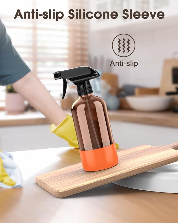 Glass Spray Bottle with Silicone Sleeve Protection, Amber Glass Spray Bottle Set for Window Cleaner Aromatherapy Facial Hydration Watering Flowers Hair Care 2 Pack/16 oz (White & Orange, 16 oz)