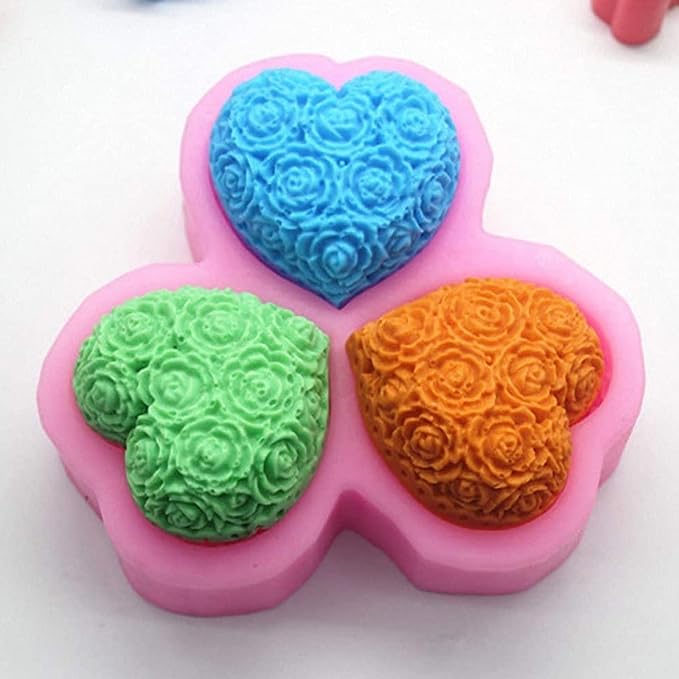 3-Cavity Heart Rose Flower Silicone Soap Mold Fondant Mold for Cake Decoration, Chocolate,Candle, Bath Bomb, Lotion Bar