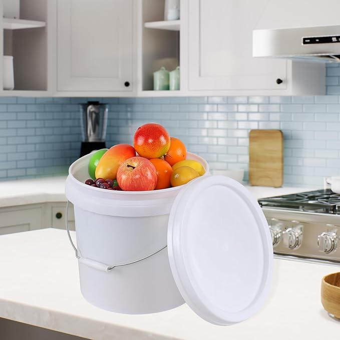 4 Packs Round Plastic Food Bucket with Lids, Plastic Pail with Handle, 4 Gallon, White