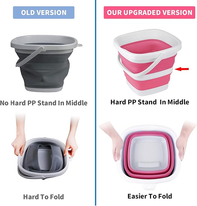 2 Pack Collapsible Buckets 5L 1.3Gallon Small Cleaning Bucket for Household Portable Plastic Bucket Outdoor Car Washing Tub Foldable Camping Beach Sand Water Pot Pail Space Saving Square Grey and Pink