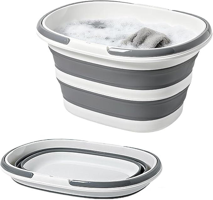 Large Plastic Cleaning Supplies Caddy Bucket with Handles, Portable Cleaning Tool Storage Tote Pop Up Mop Bucket for Dorm and Bedroom, Collapsible Plastic Bucket for Fishing, Garden (Grey)