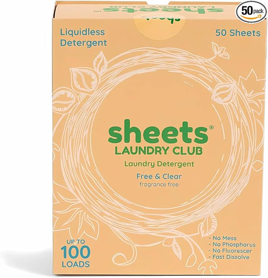 Sheets Laundry Club Laundry Detergent Sheets, 100 Loads - Fragrance Free Scent, Eco-Friendly, Quick-Dissolving Formula, Hypoallergenic, Septic Safe, Plastic-Free Packaging - 50 Sheets
