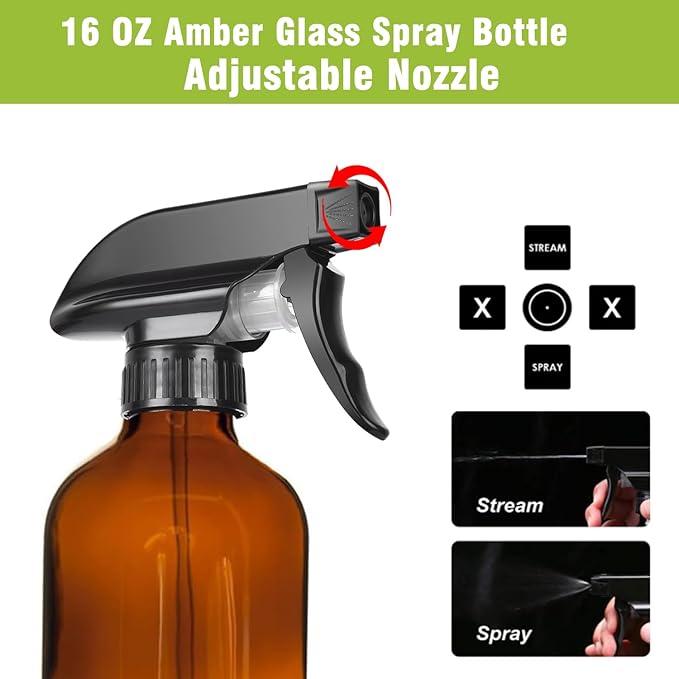 16oz Amber Glass Spray Bottles,2-Pack Refillable Empty Spray Bottl for Cleaning, Hair Care, Plants - Adjustable Nozzl