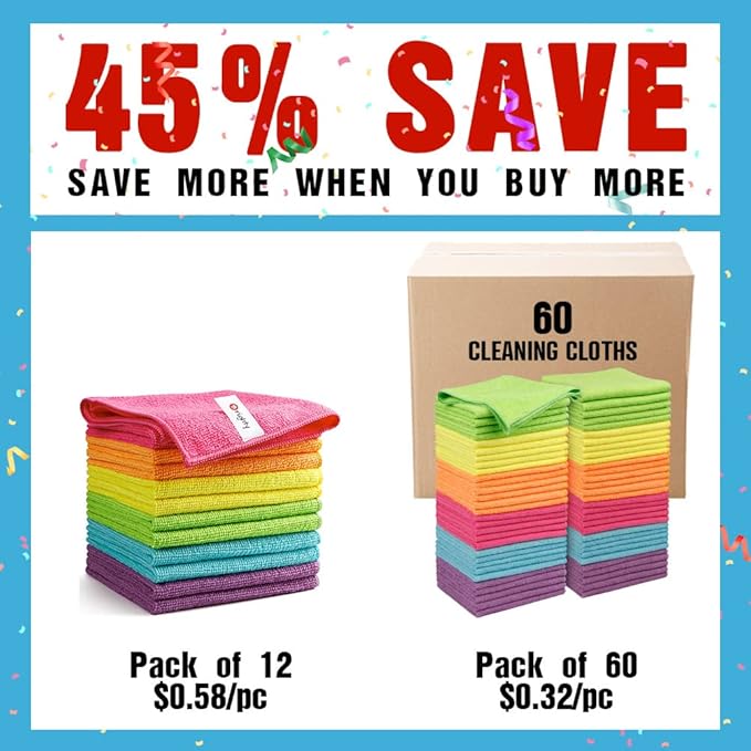 Orighty Microfiber Cleaning Cloth Pack of 60, Microfiber Towels for Cars, Highly Absorbent Car Cleaning Supplies, Lint Free Cloths Clean Rags for Car Care, House, Kitchen, 12x12 inch