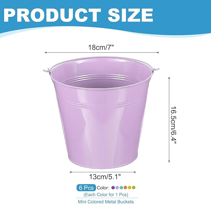 PATIKIL 7"x6.4" Small Metal Buckets with Handle, 6 Pcs Mini Bucket Colorful Easter Buckets for Crafts Party Favors Decoration, Green/Yellow/Orange/Blue/Light Purple/Dark Purple