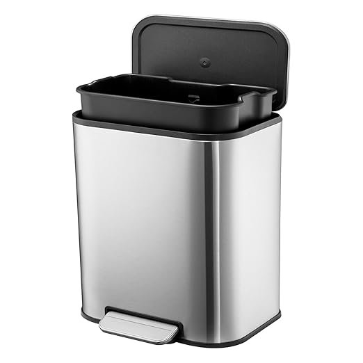 GlowSol Small Trash Can with Lid, 5.3 Gallon Stainless Steel Garbage Can, Rectangular Step on Waste Bin with Foot Pedal & Inner Bucket, Quiet Close, for Kitchen Bathroom Bedroom Living Room Office
