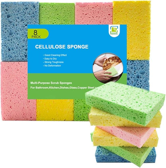 8 Pack Kitchen Sponges, Cellulose Dish Sponge, Household Cleaning Non-Scratch Scrub Sponge, Assorted Colors
