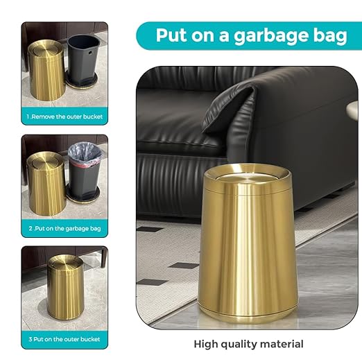 2.6Gal/10 L Gold Brushed Stainless Steel Trash Can with Swing Cover, Bathroom Trash Can with Lid, Garbage Can for Bathroom, Bedroom, Office, Hotel, Rest Room, RV (Gold)