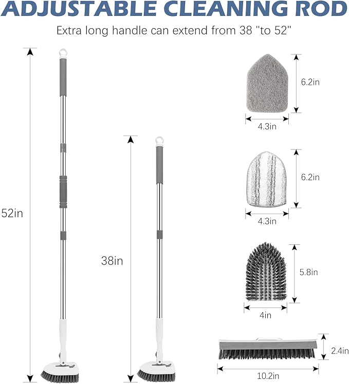 SetSail 4-in-1 Tile Tub Floor Scrubber with 52-inch Long Adjustable Handle Shower Cleaner Brush with V-Shaped Grout Brush and 3 Replacement Brush Heads for Bathroom Kitchen Sink Walls Tub Tile, White