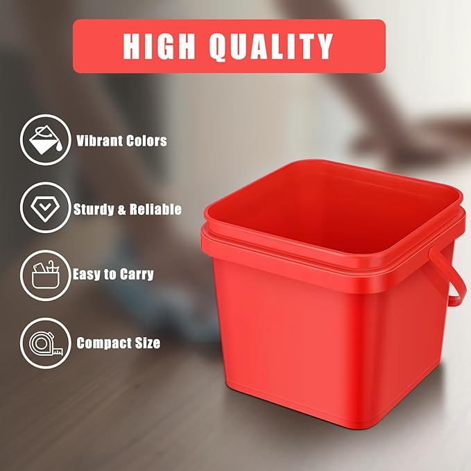 4 Pcs Plastic Bucket 5 Quart Square Bucket Utility Small Pail with Handle Sturdy Pail Organizer for House Cleaning Storage Livestock Feeding Car Washing Food Storage, No Lids(Red)