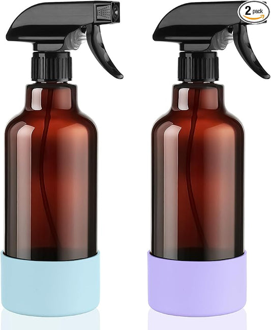 Glass Spray Bottles with Silicone Sleeve 16.9oz 2 Pack Empty Spray Bottle for Hair Mist/Stream Spraying for Cleaning Solutions, Plants, Essential Oils (Brown-qblue&purple)