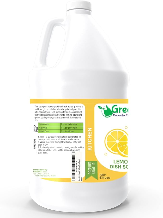 GreenFist Dish Soap Professional Detergent Liquid Pot & Pan Dish-Wash - Light or Heavy Use (Lemon, 1 Gallon)