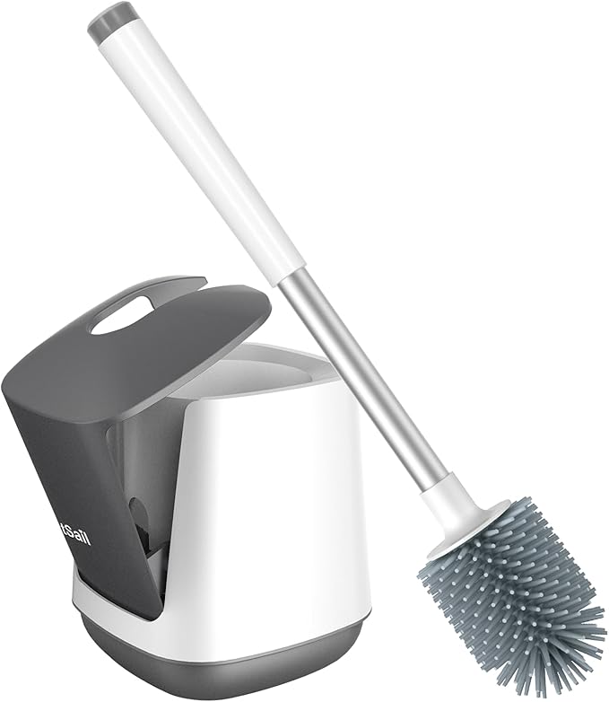 SetSail Silicone Toilet Bowl Brush and Holder Automatic Toilet Brushes for Bathroom with Holder Ventilated Toilet Cleaner Brush for Toilet Scrubber Cleaning, White & Grey
